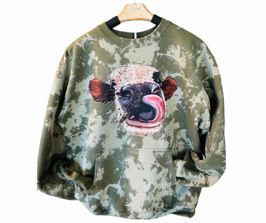 Distressed Cow Olive Green Pocket Crewneck